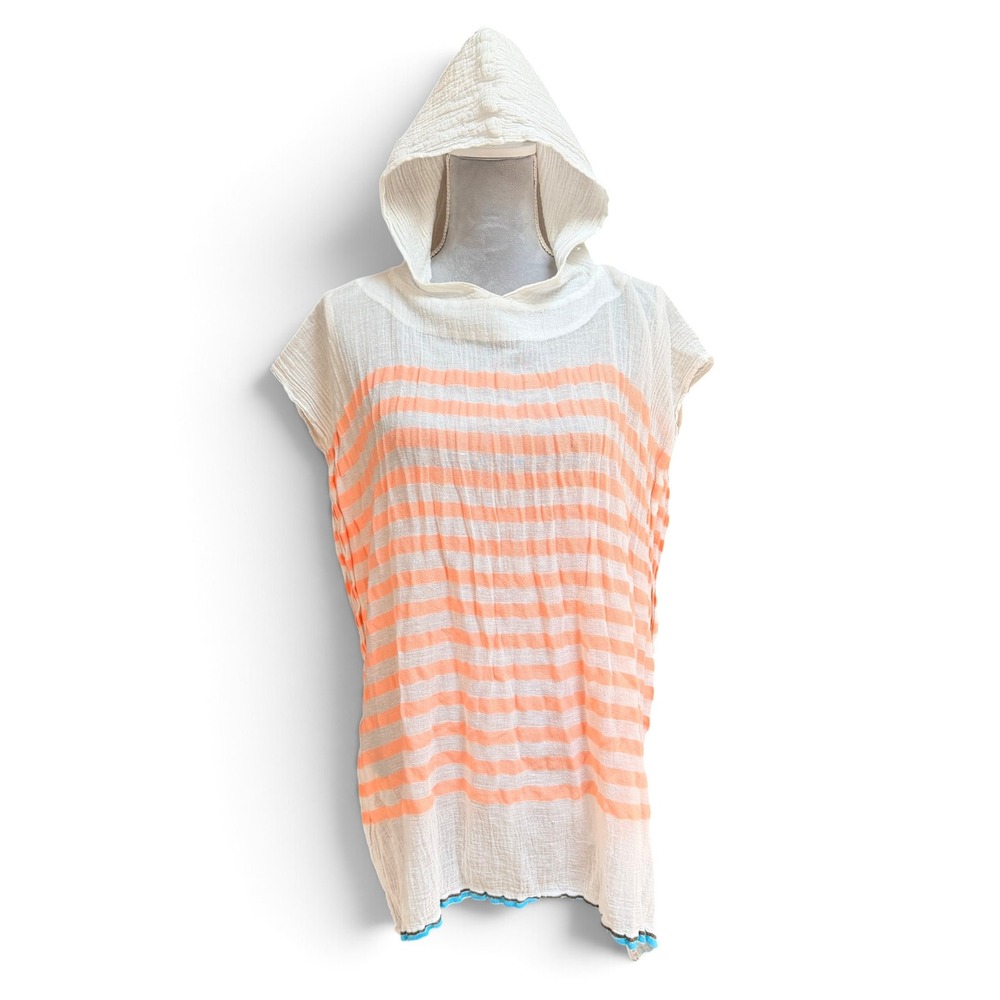 LemLem x Barneys New York Hooded Poncho Orange White Striped Gauze Made Ethiopia